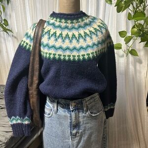 L.L. Bean Navy and Green Patterned Sweater